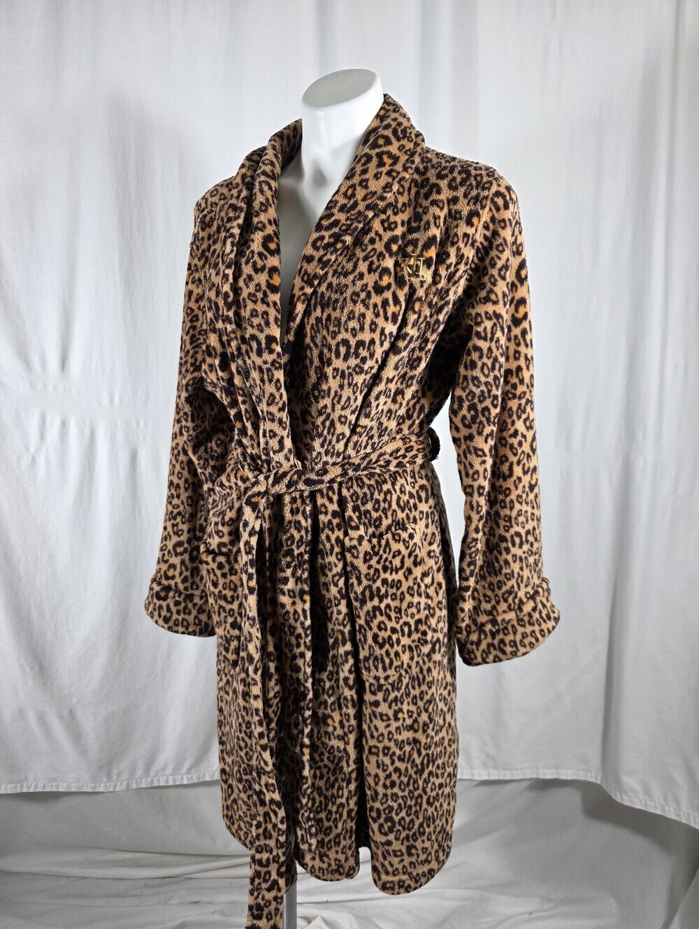 Lauren Ralph Lauren Leopard Print Plush Robe | Women's Large | Belted Cozy
